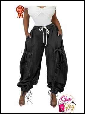 High Rise Drawstring Ankle Tie Cargo Parachute Jeans